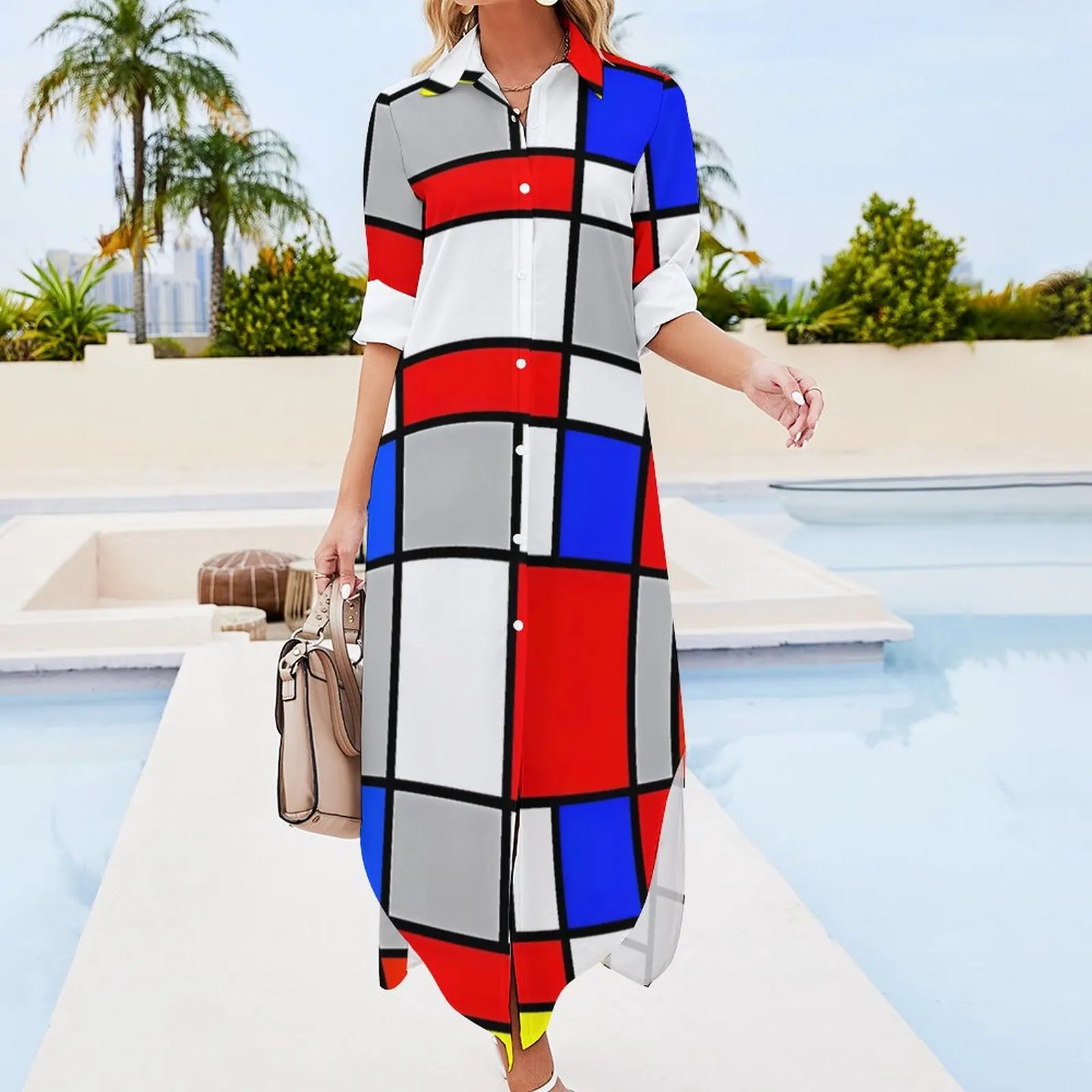 Mondrian Art Style Casual Dress  Street Style Dresses Sexy V Neck Beach Chiffon Dress Long Sleeve Clothes Large Size