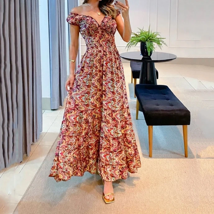 

Party Dresses for Women Floral Print Short Sleeve Elastic Waist Fashion Sexy Robe Beach Vintage Bohemian Big Swing V Neck Dress