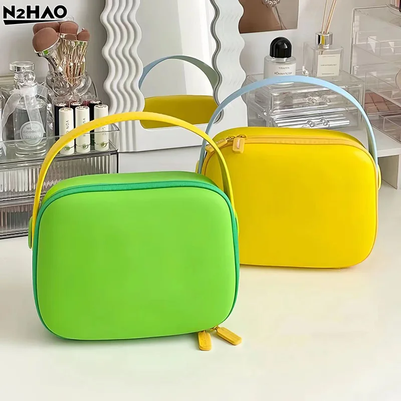 1Pc Waterproof PU Handle Cosmetic Bag Travel Portable Storage Bag Large Capacity Toiletry Bag Portable Square Zipper Makeup Case