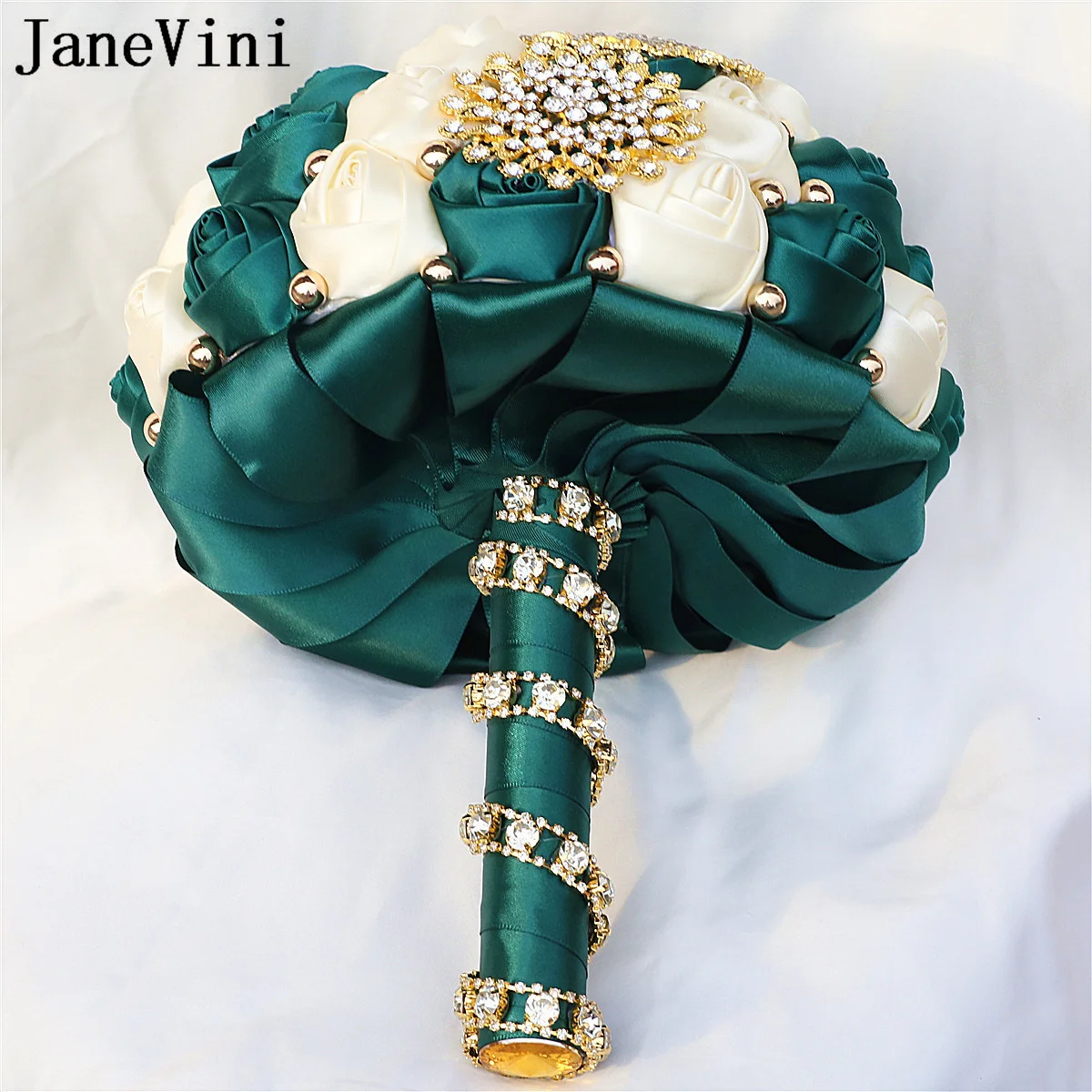 JaneVini Luxus Gold Kristall Braut Bouquet Blume Hochzeit Sage Grün Satin Funkelnden Strass Braut Hand Hochzeit Bouquet Neue