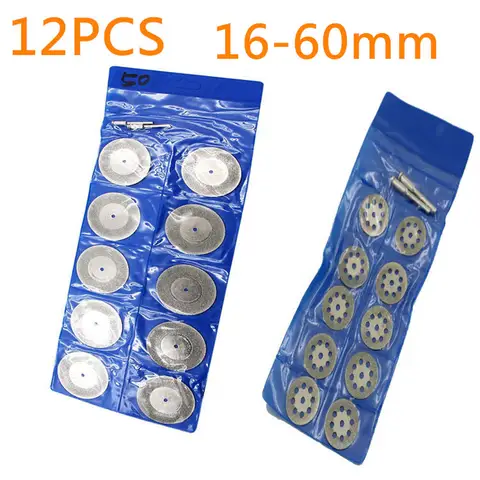 12PCS 16-60mm 미니 다이아몬드 커팅 휠 로타리 도구 커팅 디스크 디스크 DIY 도구 3mm 맨드릴이있는 Dremel 용 액세서리