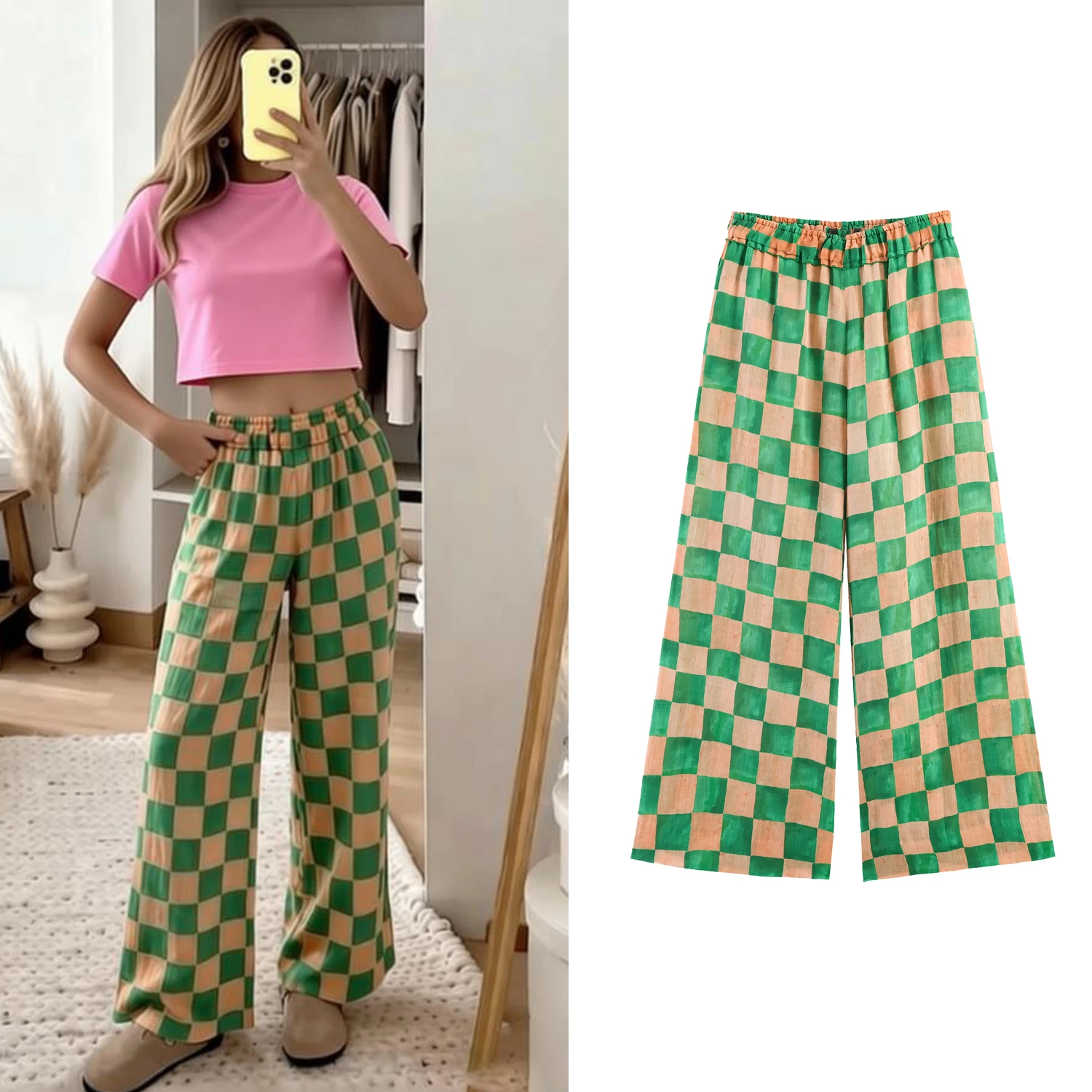 

Women Elegant Hight-Rise Loose Casual Pants Summer Female Vacation Fashion Checkered Striped Pants Lady Drawstring Waist Trouser