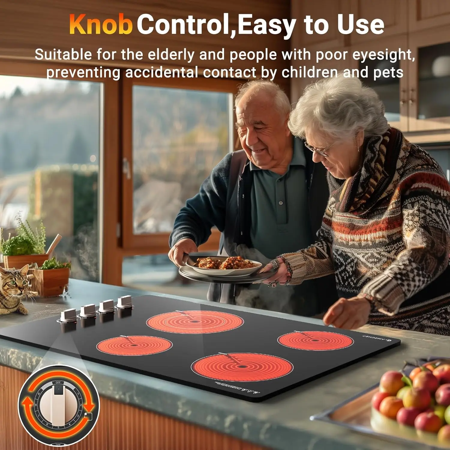 30 Inch Built-in Electric Cooktop,6700W and 4 Burners Cooktop ,Knob Control Levels & Hot Surface Indicator