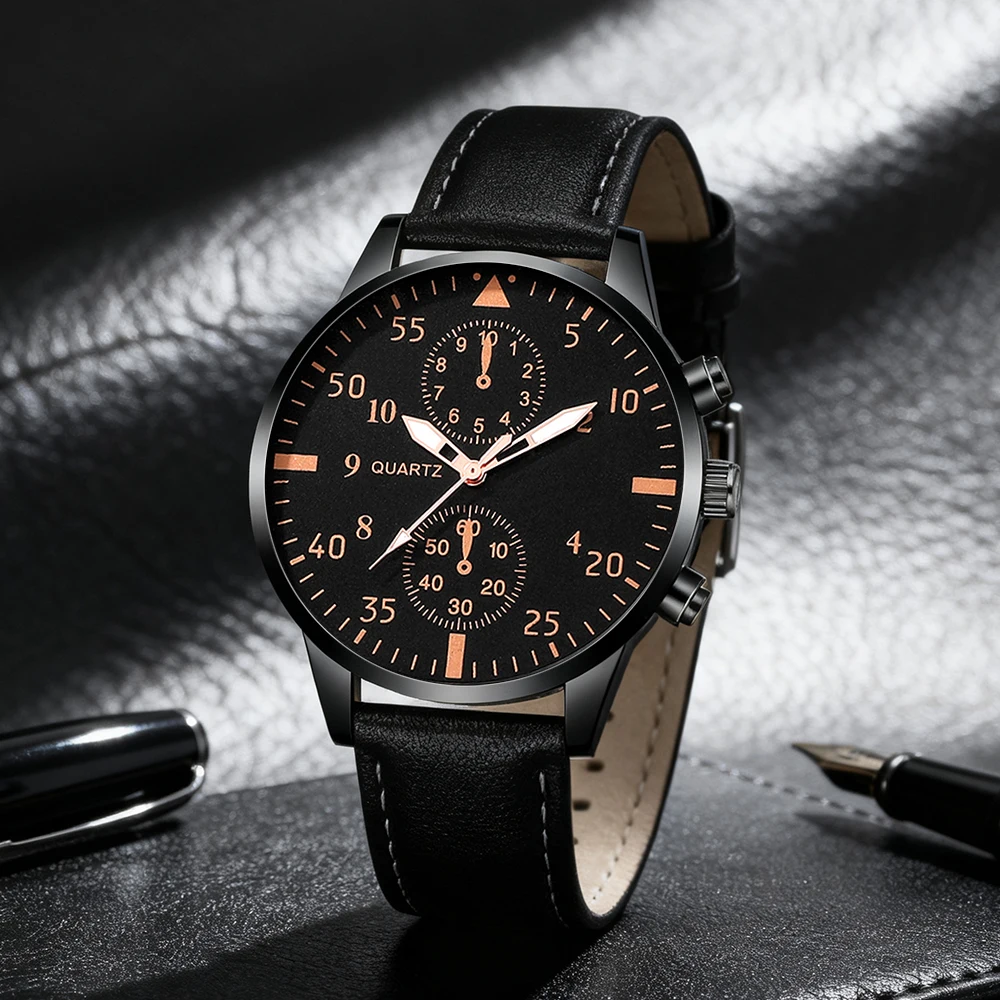 Handsome men's watch PU leather quartz watch timer men's watch, suitable for daily wear