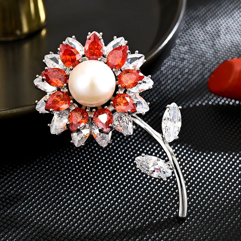 

New French Red Zirconium Pearl Fashion Flower Design Brooch