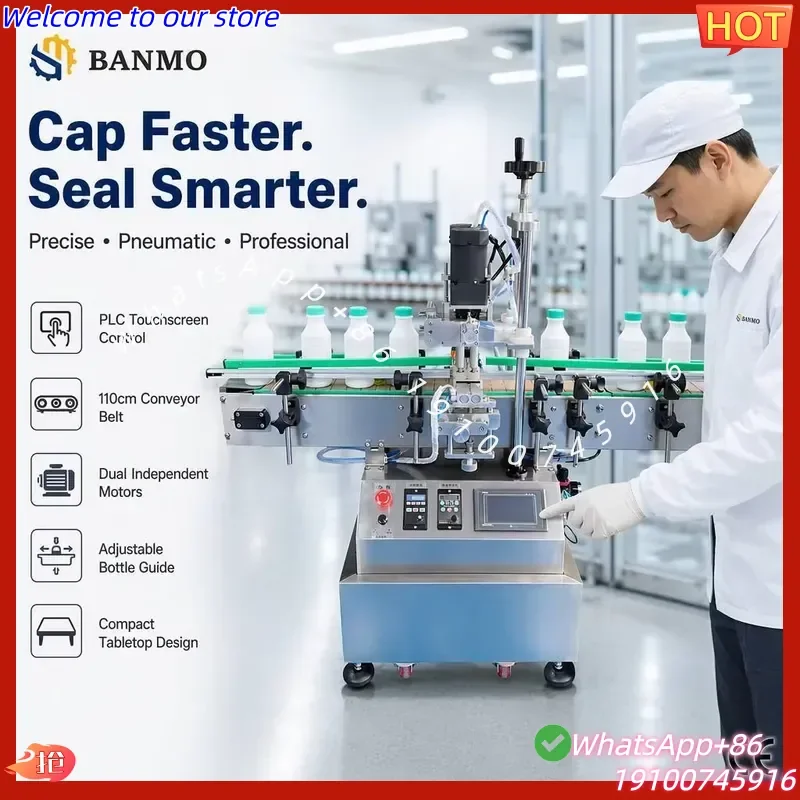 2026Hot BANMO MS-TAC-R02 Desktop Pneumatic Automatic Screw Capping Machine PLC Touch Screen Conveyor 110cm Bottle Capper CE
