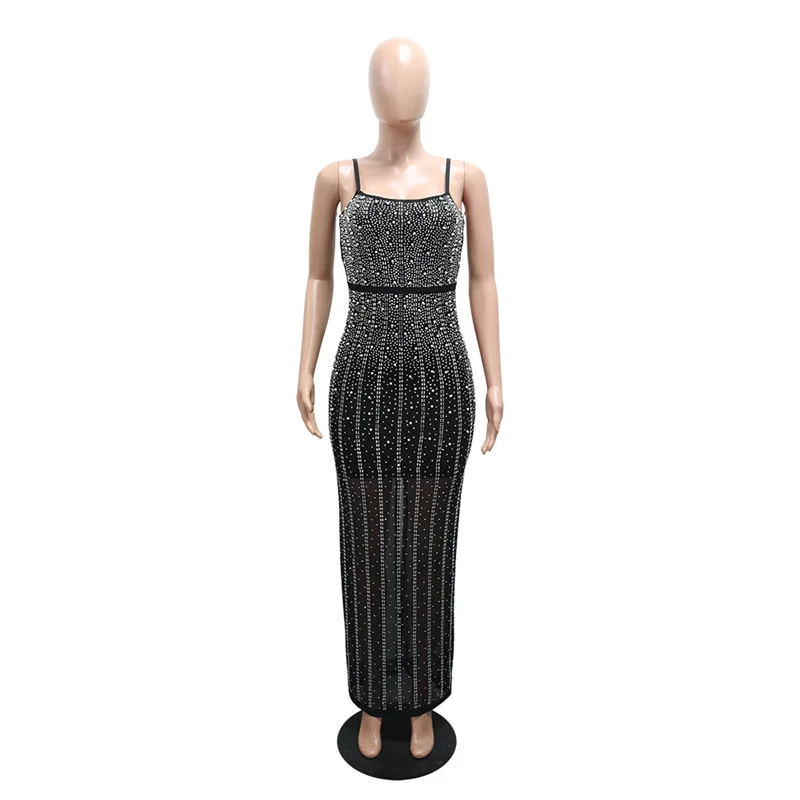Spaghetti Band Zwart See Through Mesh Diamanten Bodycon Sexy Lange Feestjurken Vrouwen Nieuwe Slanke Strass Sheer Nachtclub Jurk