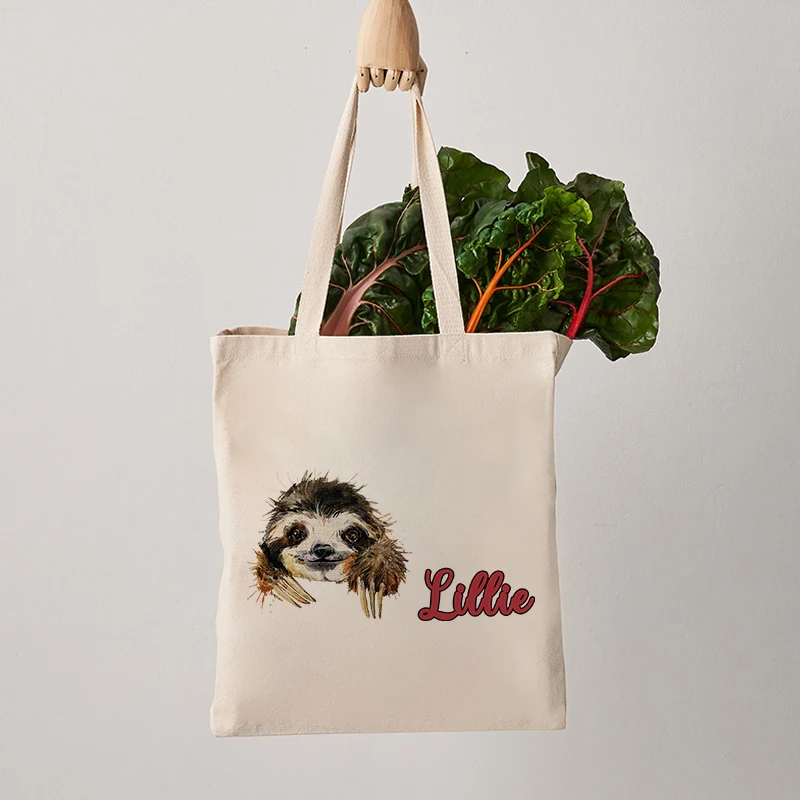 Custom Name Sloth Pattern Canvas Tote Bag Sloth Lover Gift Personalized Reusable Shopping Bag Women Shoulder Bag Handbag Trend