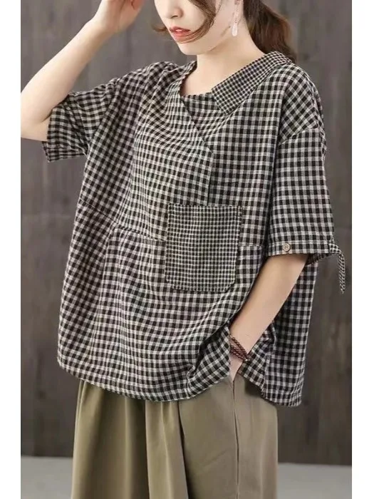 

Ретро-рубашка в клетку с вставками, свободного кроя, тонкая, с коротким рукавом, больших размеров, женская одежда с карманами, повседневная, для фигуры типа «груша»