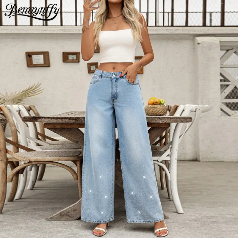 

Benuynffy Vintage Loose Mid Waisted Wide Leg Jeans Women's Fashion Rhinestones Washed Casual Denim Straight Leg Pants Trousers