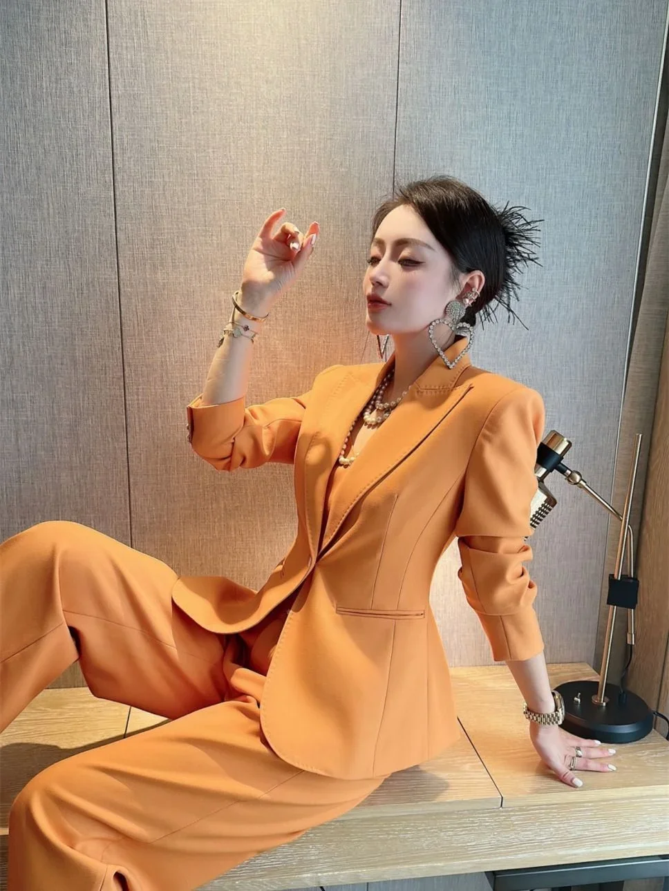 Spring Autumn Blazer and Pant Sets for Women 2 Pieces Suits Orange Korea Stylish Trousers Woman Chic Elegant Clothes with Sleeve