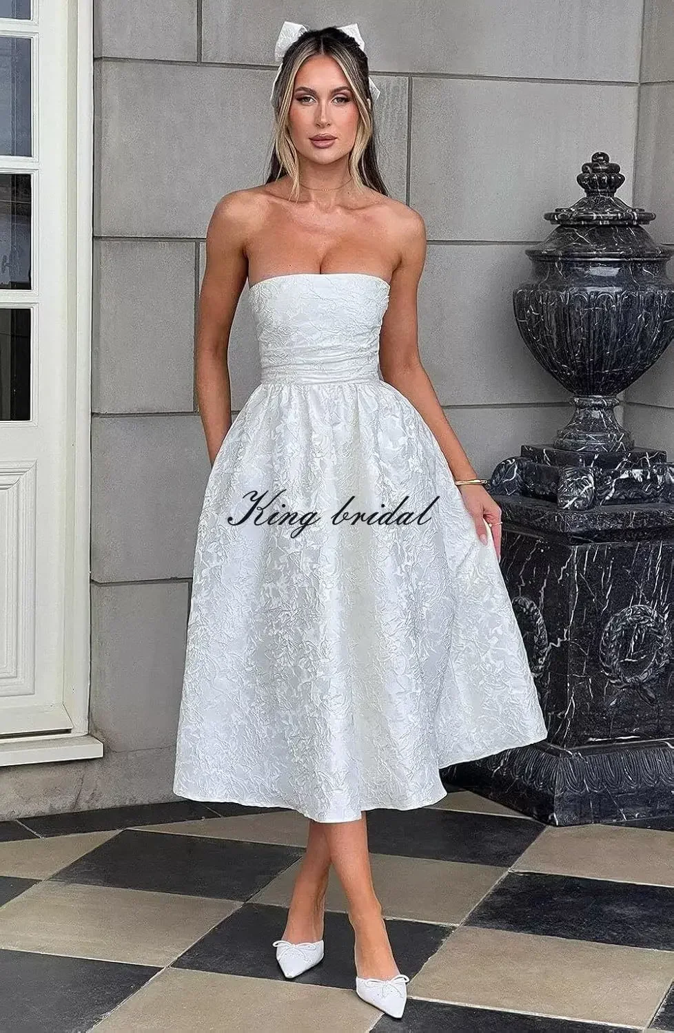 A Line Strapless Midi Corset Formal Evening Party Gown Bridesmaid Dress Floral Jacquard Satin Tea Length Prom Dresses for Women