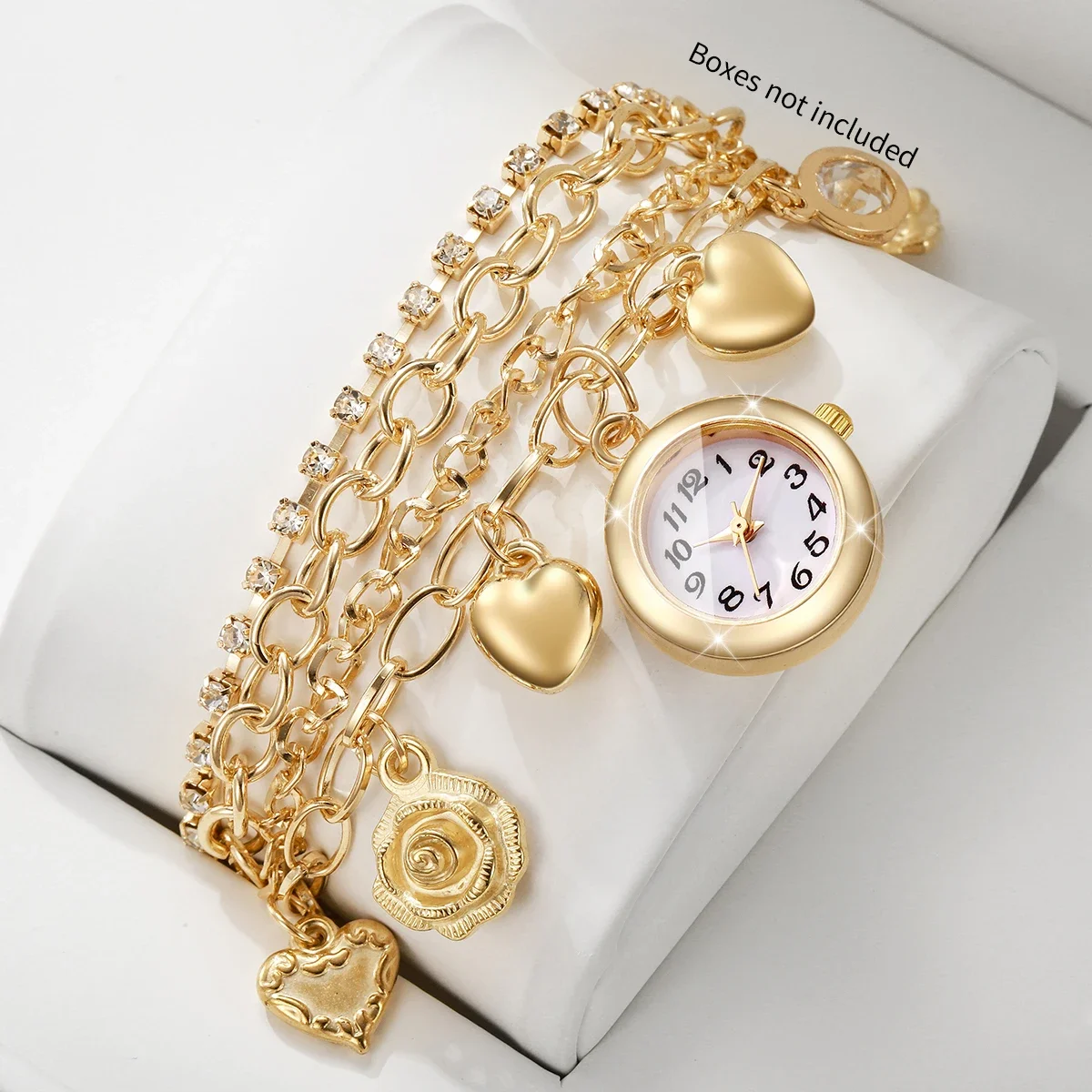 Fashion Multi‑Layer Bracelets Women Watches Heart Flower Charm Rhinestone Ladies Quartz Wristwatch Relogio Feminino（Without Box）
