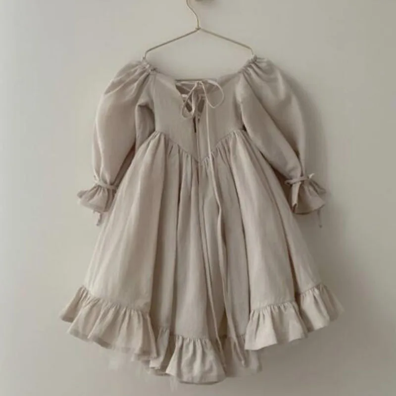 2025 New Spring European American Style 2-6Yrs Baby Girl Party Dress Long Sleeved Solid Color Linen Cotton Kids Princess Dresses