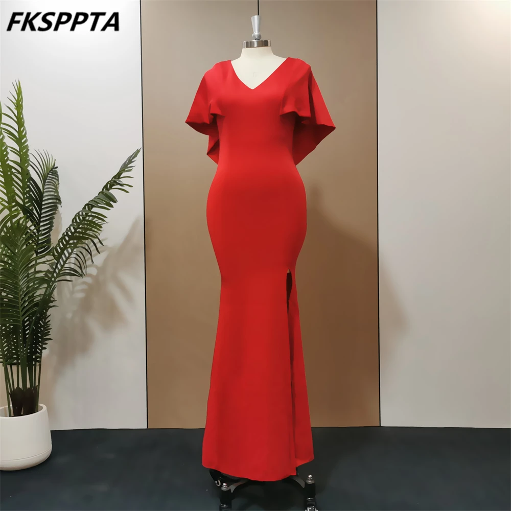 Red Mermaid Long Dress Evening 2023 V Neck Floor Length Elastic Satin Women Formal Occasion Gowns In Stock Robe De Soiree