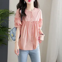 Summer Fashion Folds Ruffles Patchwork Loose Shirts Female Casual All-match Single-breasted Solid Color Short Sleeve Blouses