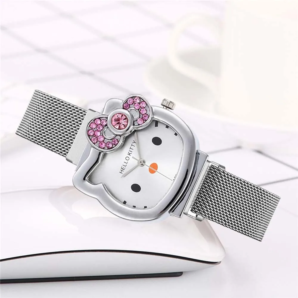 Sanrio-Reloj de banda de acero para mujer, reloj de Hello Kitty Cat de dibujos animados Simple, reloj de gatito de ocio para mujer, reloj de cuarzo