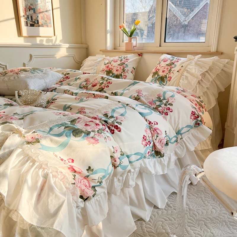 White Lace Flowers Printing Duvet Cover Set 100% Cotton Korean Style Princess Ruffles Bedding  Bed Skirt Bedspread Pillowcases