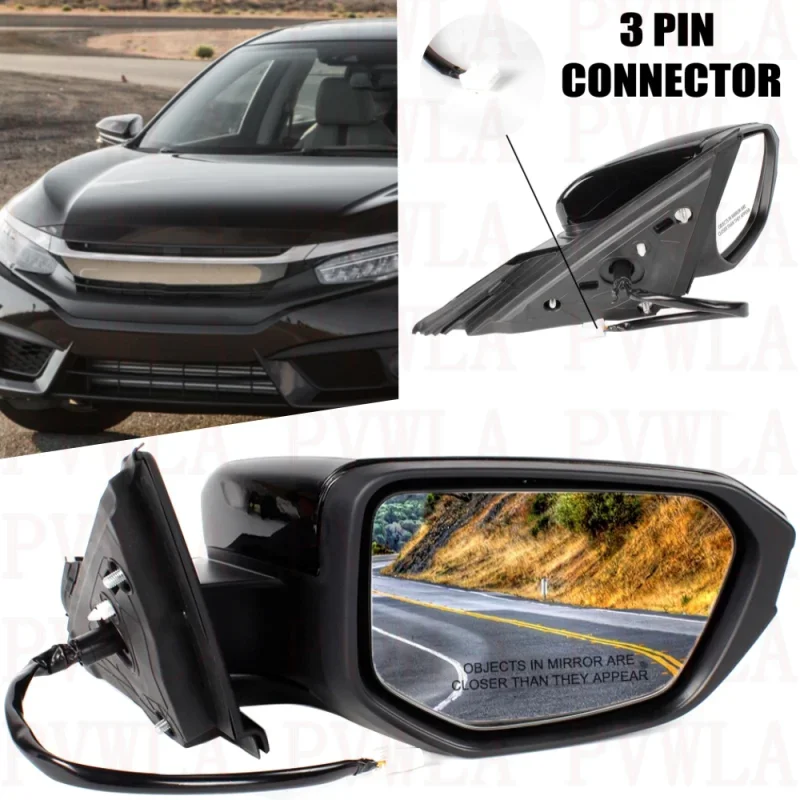 

Right Side 3 Pins Black Painted Heated Reversing Mirror For Honda Civic 2016 2017 2018 2019 2020 2021