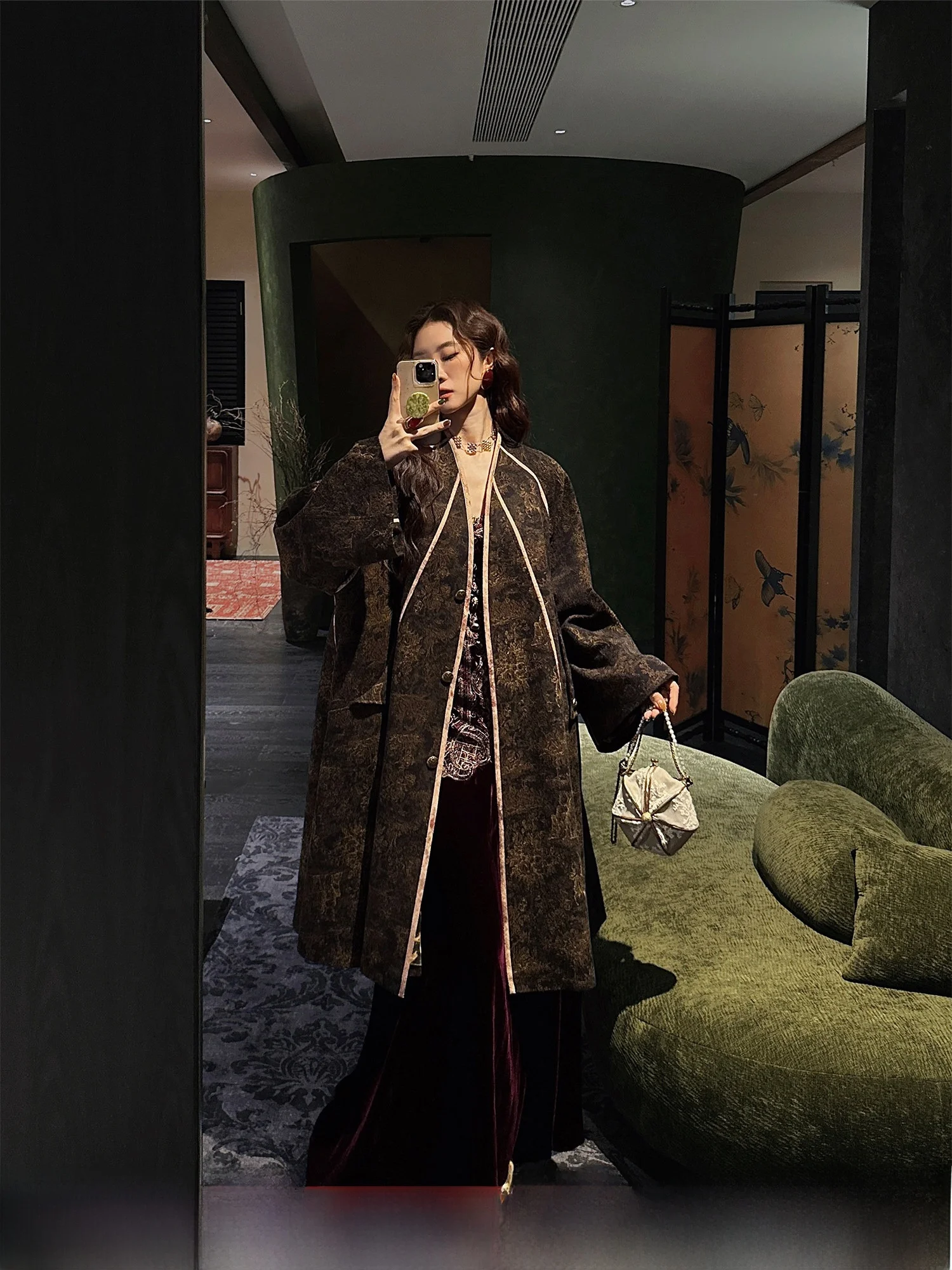 

Женское шерстяное пальто Sanji Bla Flower Gold Jade Plum с цветочным узором, утепленное, в корейском стиле, прямого кроя, зимняя верхняя одежда