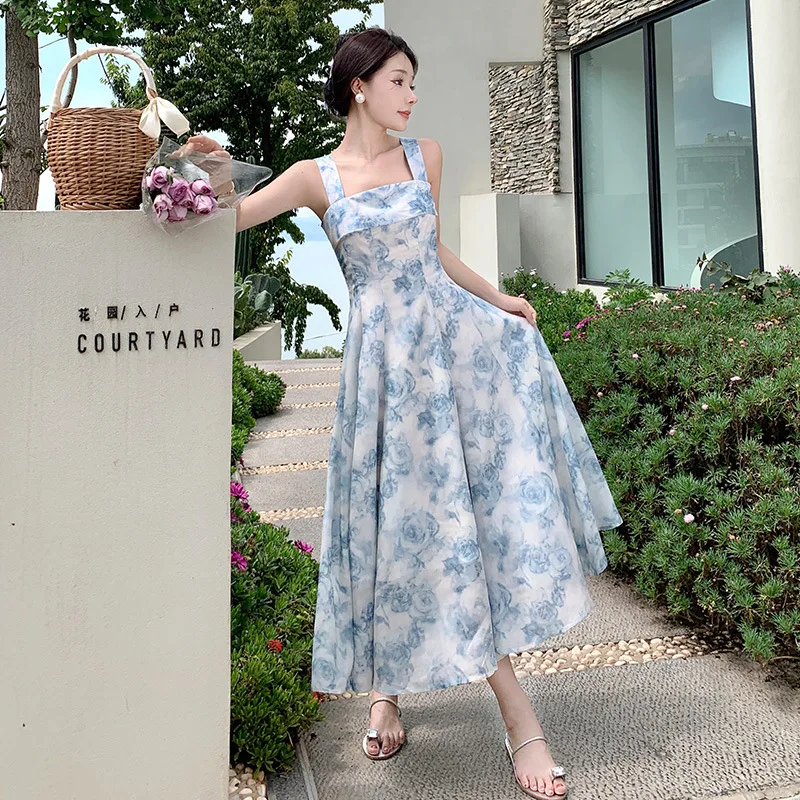 Summer Seaside Vacation Dress Blue Mist Rose French Style Print Sleeveless Dress Women's Square Neck Tea Break Big Swing Skirt