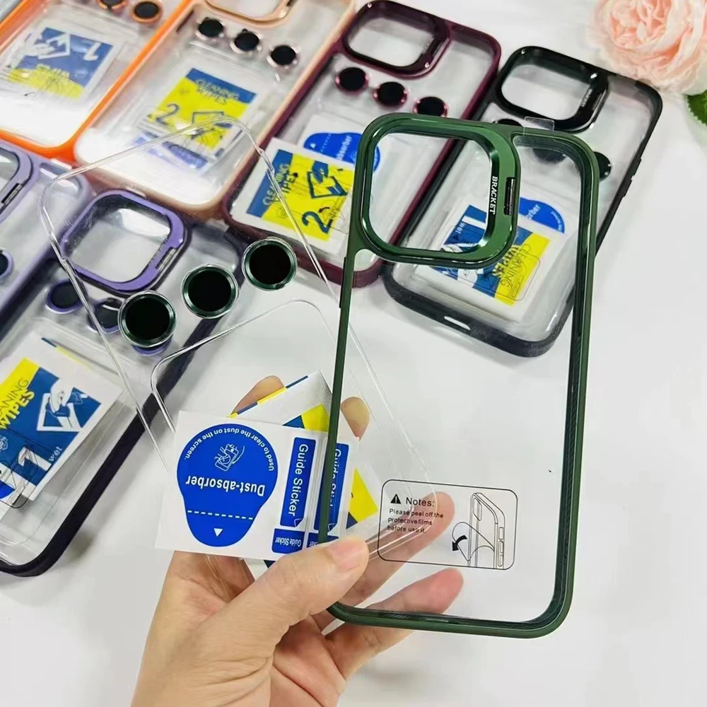 100pcs wholesale metal lens holder phone case for iphone 15 pro max tpu+pc acrylic shockproof clear free lens film phone cover