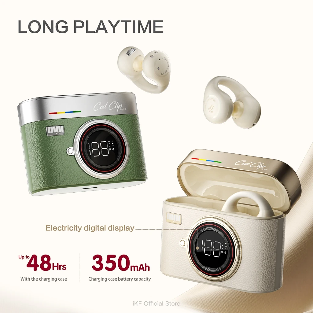 iKF CCD Clip Wireless Earbuds Open Ear Retro Bluetooth Earphones Power Digital Display Lightweight ENC Call For Sports Working