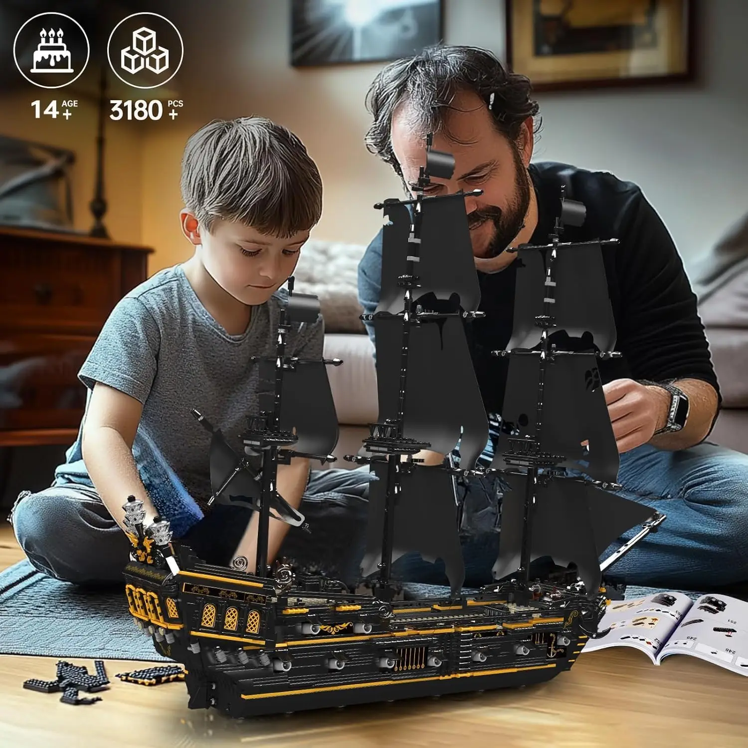 Kit di blocchi di costruzione di modelli di navi pirate, set di costruzioni di modelli di barche a vela di grandi perle nere da costruire, regalo per bambini di età