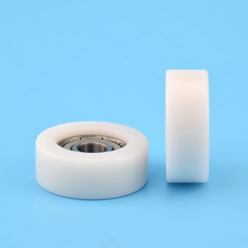 8*32*12mm embedded 608zz bearing, wrapped rubber, POM/ nylon bearing pulley, flat roller  pulley wheel