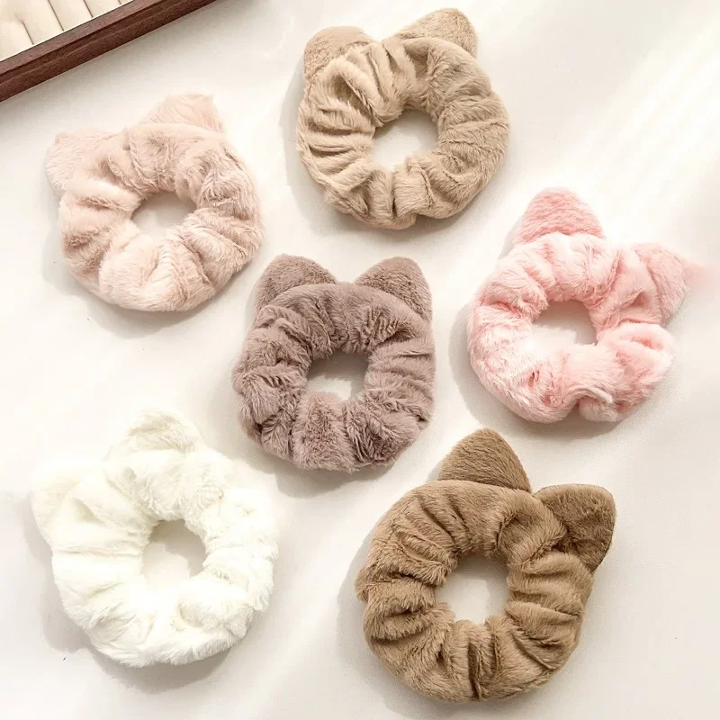 New Autumn/Winter Plush Large Intestine Hair Ring Simple Solid Color Cute Cat Ear Versatile Hair Rope Hair Accessories