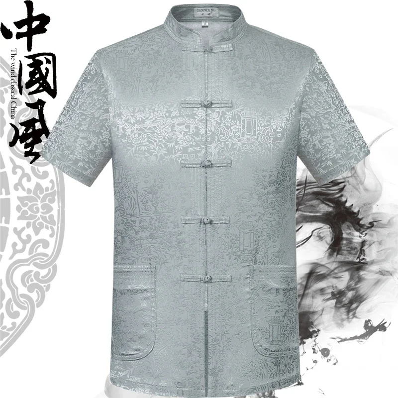 

15 Styles Summer Chinese Tang Suit Men's Short Sleeved Top Middle-aged Silk Kung Fu Uniform Chinoiserie Grandpa Dragon Shirt