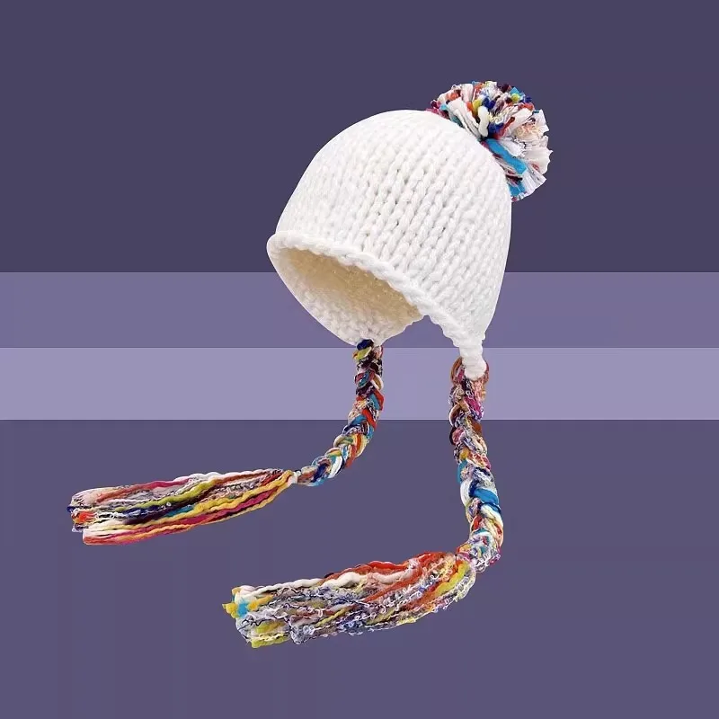 Color Fringed Braided Bag Head Hat Women's Autumn and Winter New Warm Ear Protector Crimped Wool Hat Knitted Pullover Hat