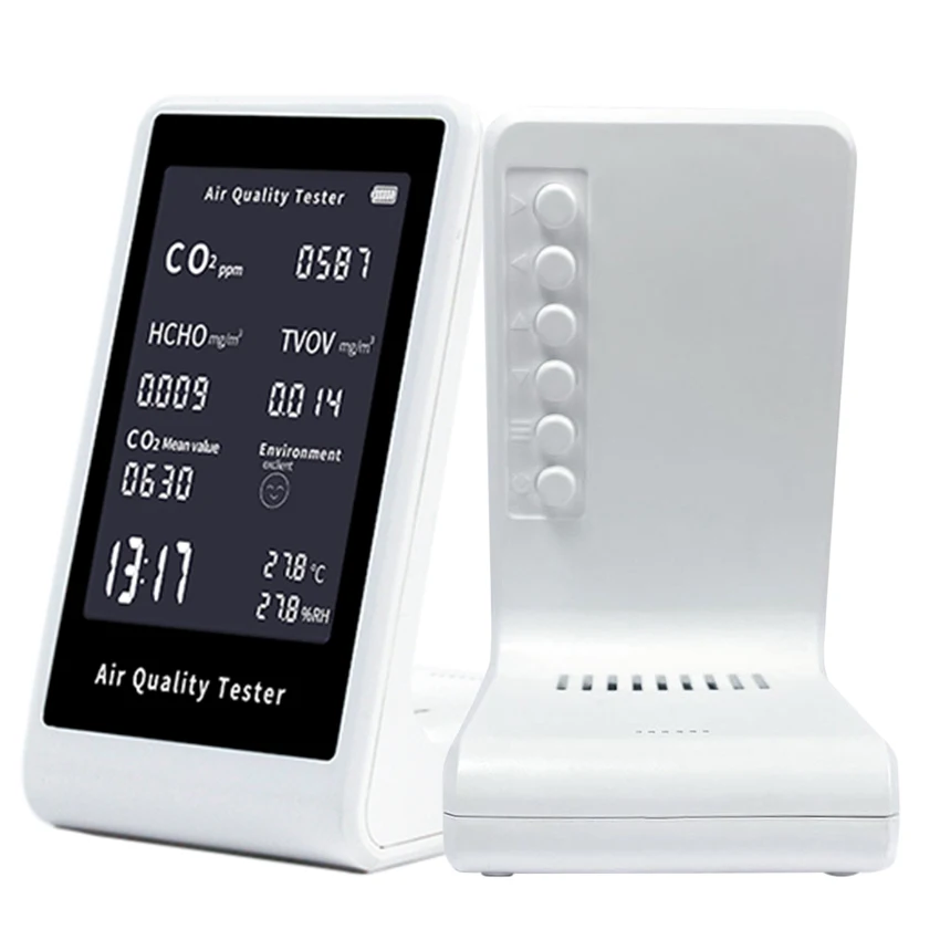 

Air Quality Monitor TVOC/HCHO/CO2 Detector Real-Time AQI Measurement audible alarm, Ideal for Home/Office/Car