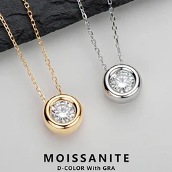 Lnngy 6.5mm Round Bezel Moissanite Pendant Necklace For Women 925 Sterling Silver Clavicle Chain Necklaces Jewelry Collare Mujer