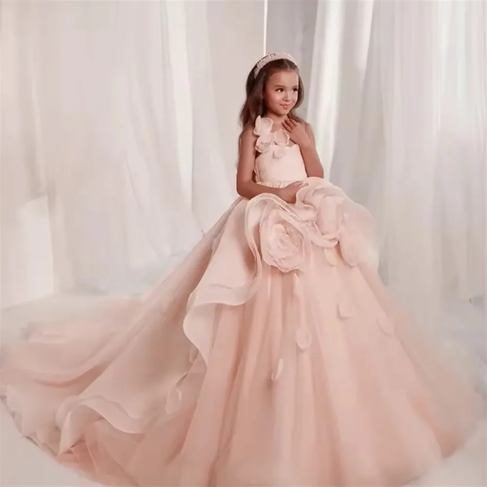 

Pink Princess Flower Girl Wedding Dress Appliques Flowers Tiered Sleeveless Kids Birthday Party First Communion Gown Customized