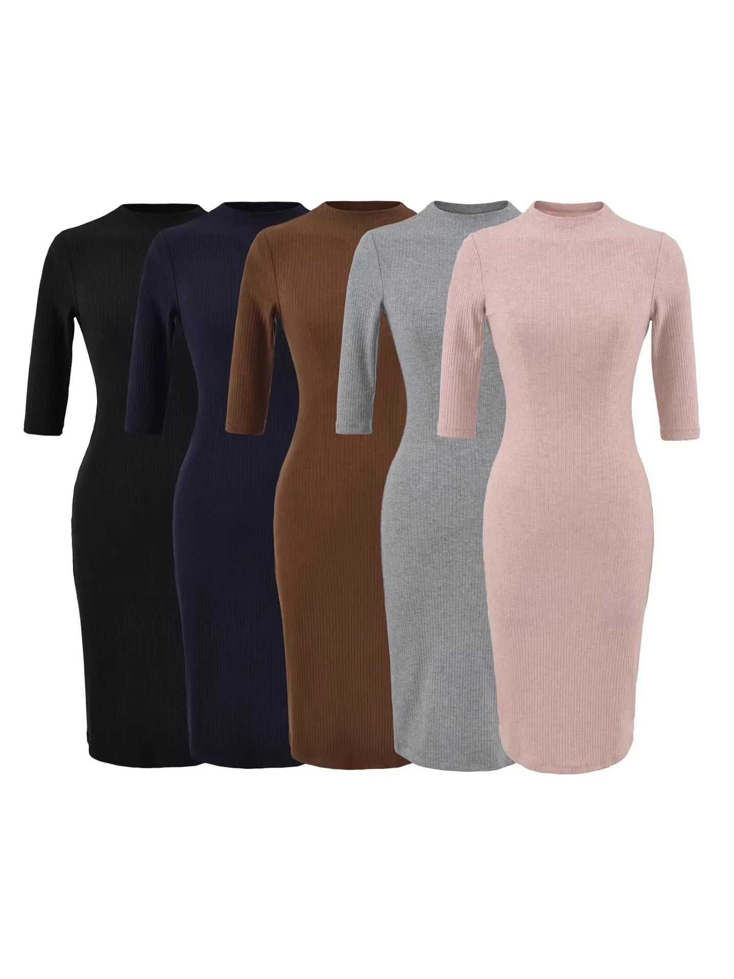Withered New Women's Semi High Neck Knitted Mid Sleeve Groove Strip Slim Fit Hip Hugging Mid Length Skirt With Waist Cinching