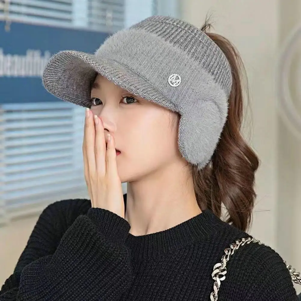 Women's Knitted Fleece Hat Ladies With Earflaps Hats Empty Top Stretch Autumn Winter Windproof Knitted Baseball Hat