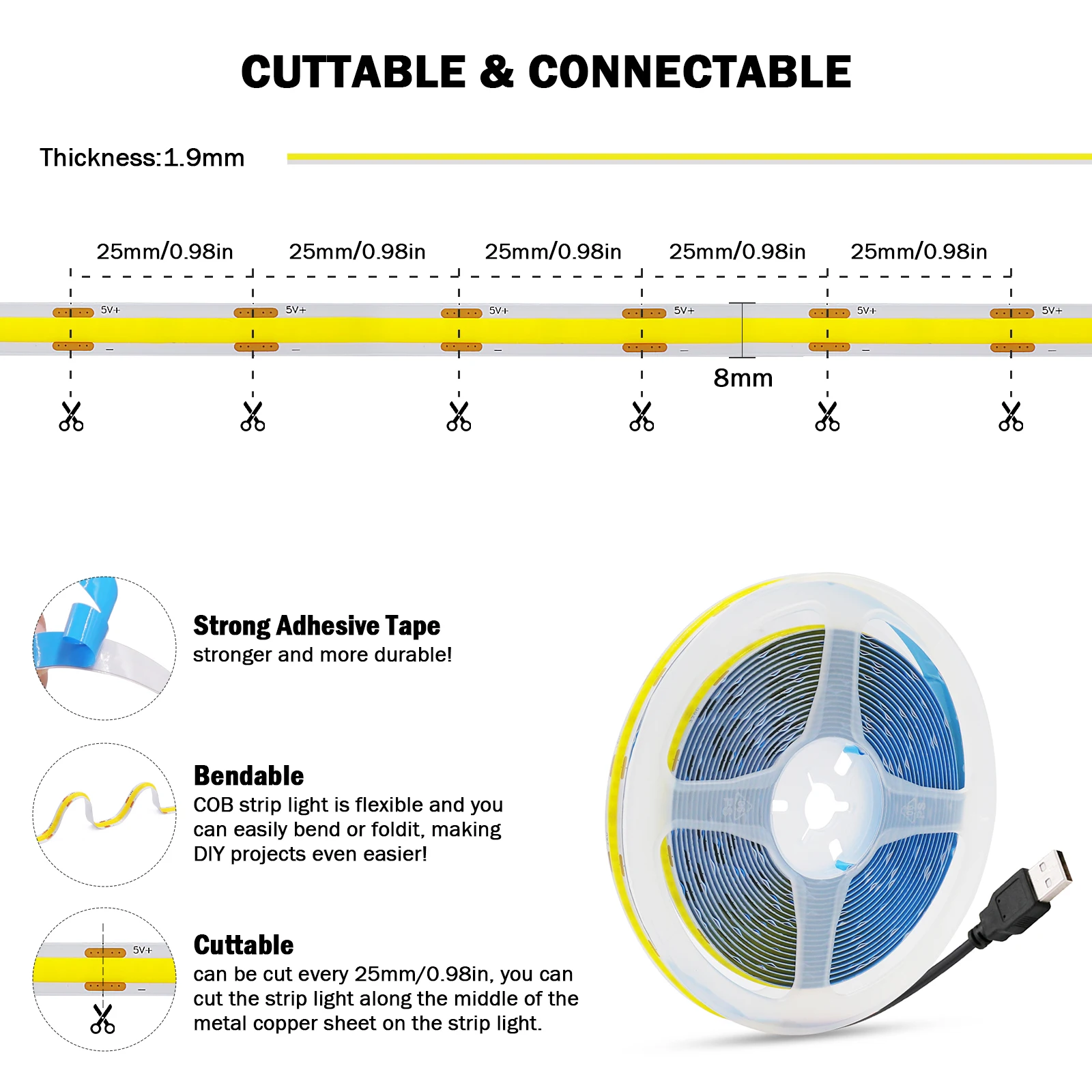 DC5V USB COB Led Strip Light Bianco/Rosa/Rosso/Giallo/Blu ghiaccio/Verde 8MM 320LED/M Luce notturna flessibile per la decorazione domestica TV Retroilluminazione