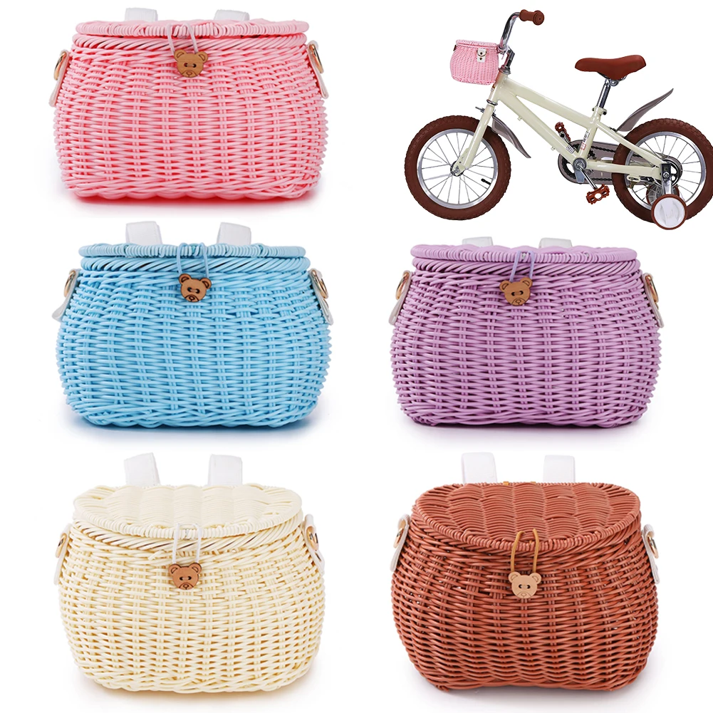 Rattan Woven Bicycle Basket Removable Bike Storage Front Handlebar Basket Waterproof Bicycle Pannier Basket Kid Bike Carrier Bag