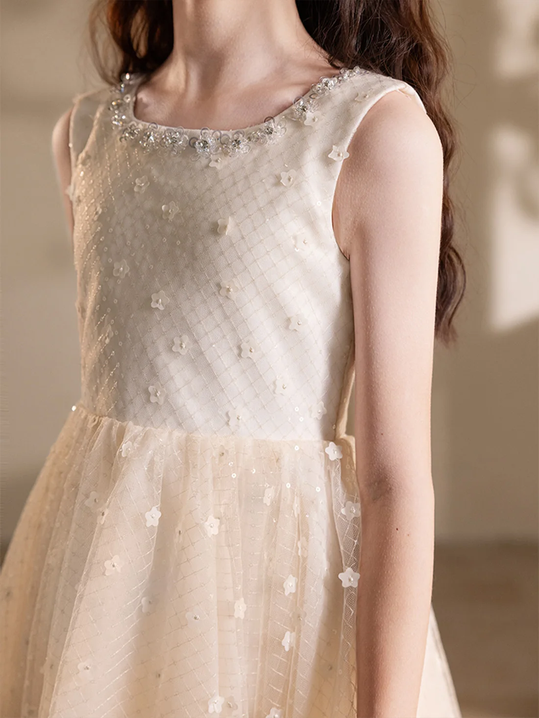 Girls Top Neckline 3D Beaded Tulle Flower Girl Dress Eid Dress Small Concert Dress Dress Set / Custom