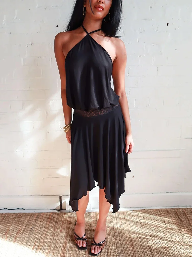 

XIAOTANG Halter Off-Shoulder Sexy Maxi Midi Dress Women Fashion Summer New Lace Patchwork Sleeveless Backless Pleated Dress