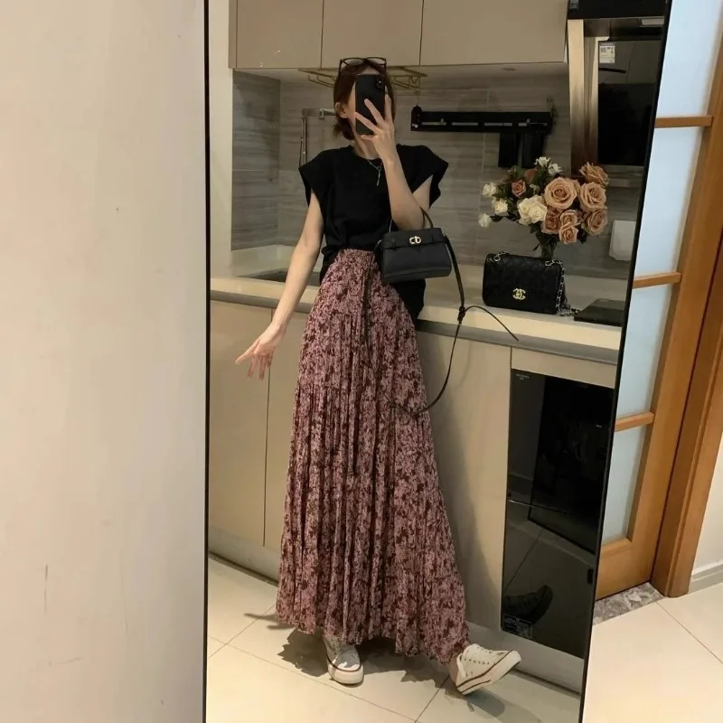 Skirt Women's Summer Plus Size Floral Print Vintage Pleated High Waist Casual Minimalist Comfortable Niche Versatile Distinctive