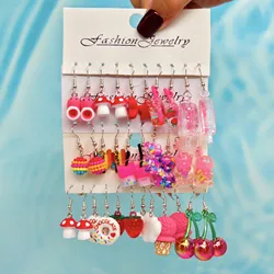 32pcs cartoon candy color matching resin earrings cherry mushroom donut ice cream combination set