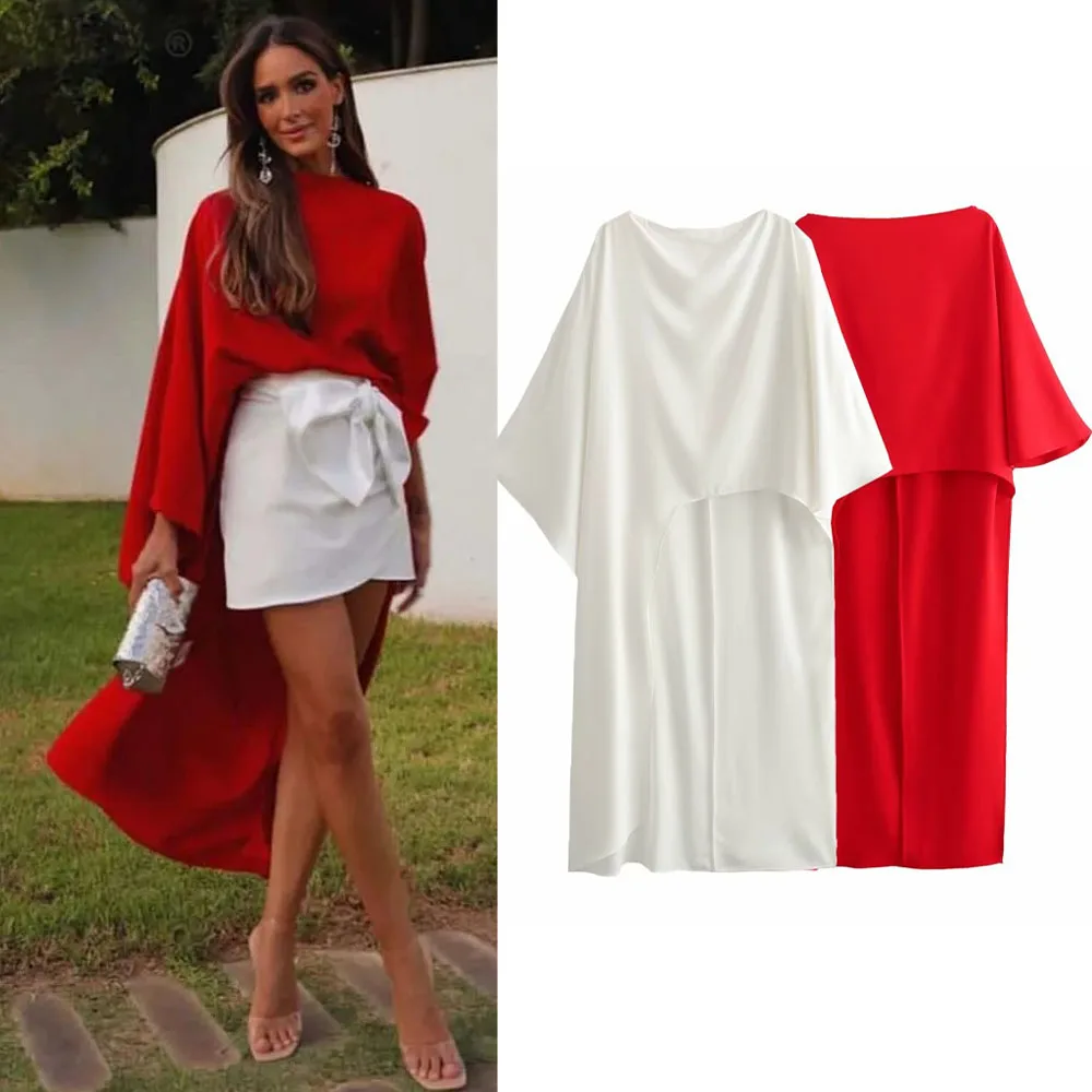 PRINTKAOIR 2024 Female Summer Asymmetric Tops Resort Style Short Sleeves Cape Style Wild Round Neck Red Satin Loose Casual Tops