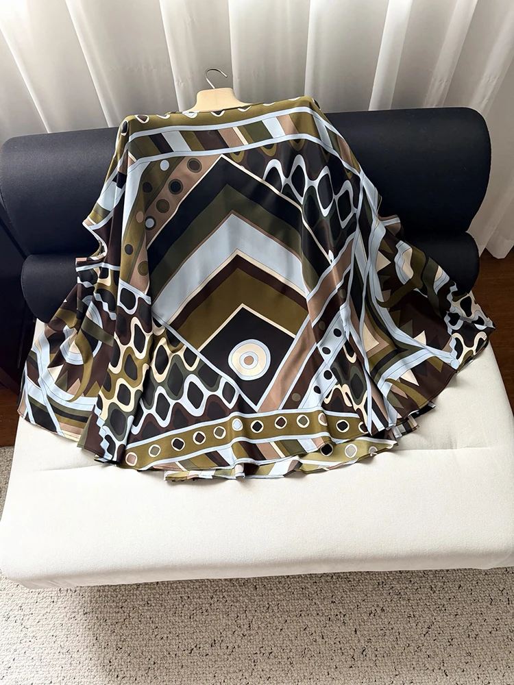 Spring Summer Fashion Daily Casual Vintage Geometric Print Silk Mini Dress Women's O-Neck Batwing Long Sleeve Loose Short Dress