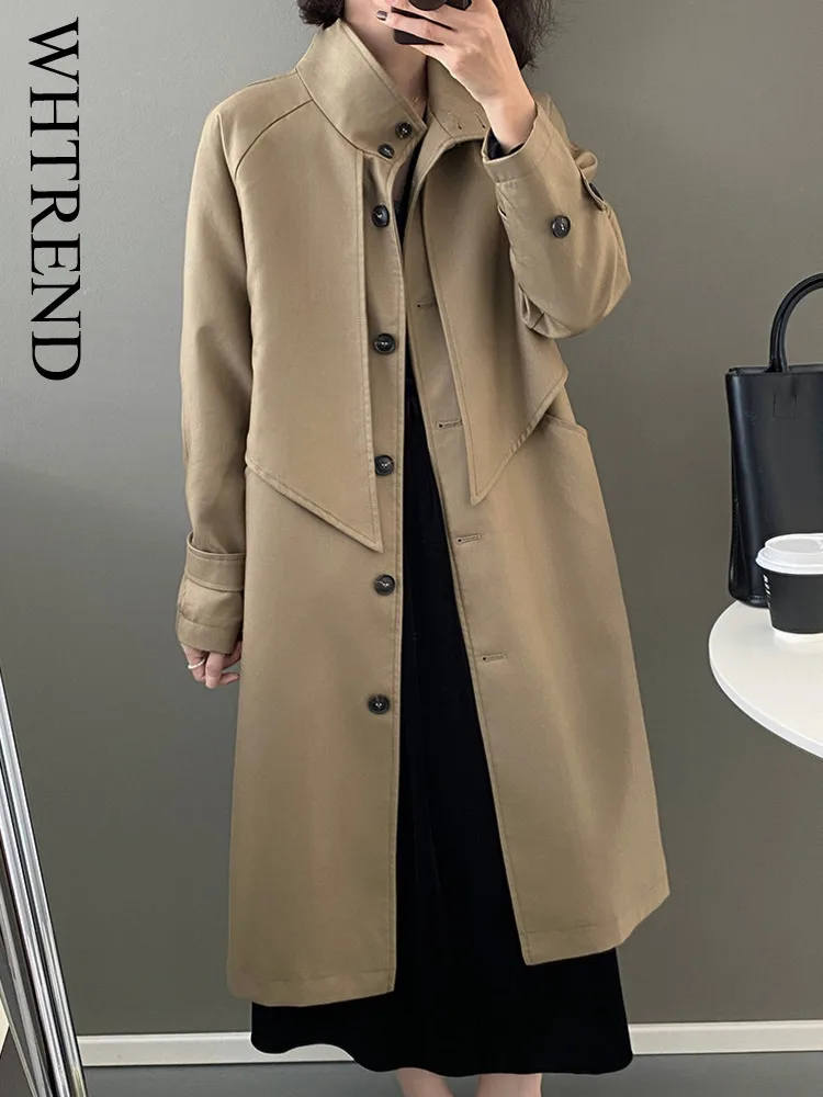 

WHTREND Designer Trench Coat For Women Autumn Winter Waist-Cinching Patchwork Mid-Length Windbreaker Jacket Coats WH1244