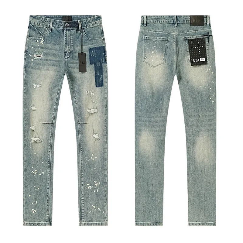 RTA Men's Black Distressed Jeans Ripped Denim Pants Slim Fit Brand Logo Casual Streetwear Trousers 2026 New woman