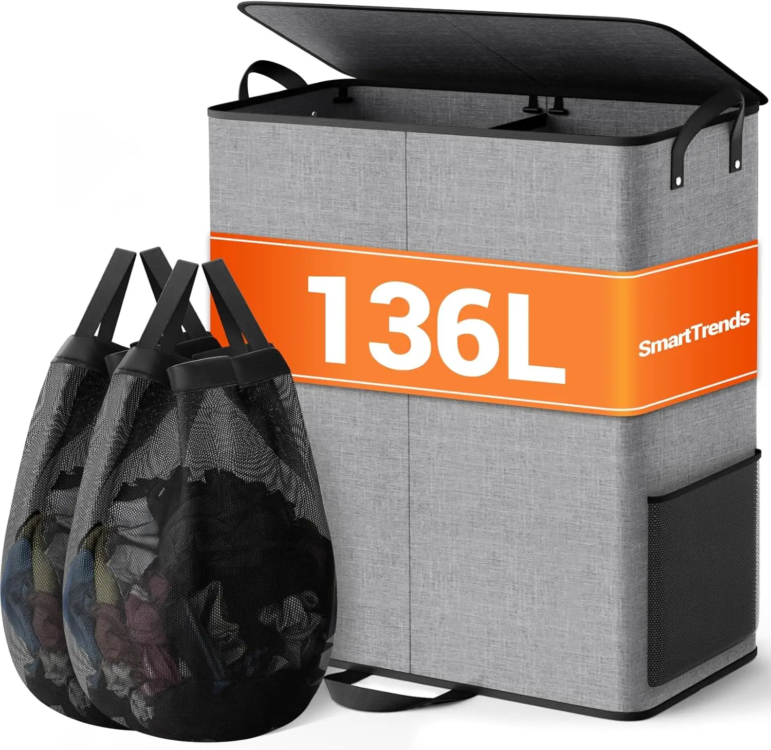 

Large Double Laundry Hamper with Lid, Removable Bags & Reinforced Handles, 2 Section Tall Laundry