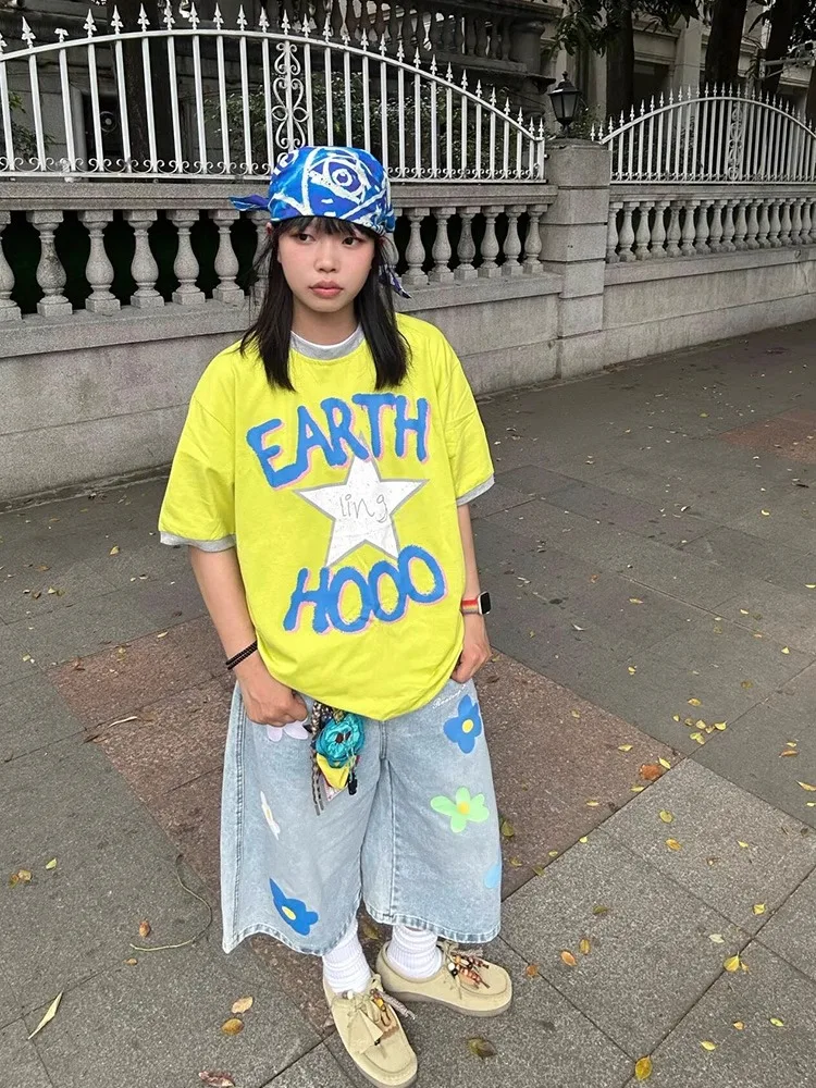 

Джинсовые брюки с вышивкой в стиле ретро для мужчин и женщин, летние свободные повседневные прямые брюки с широкими штанинами на семь футов