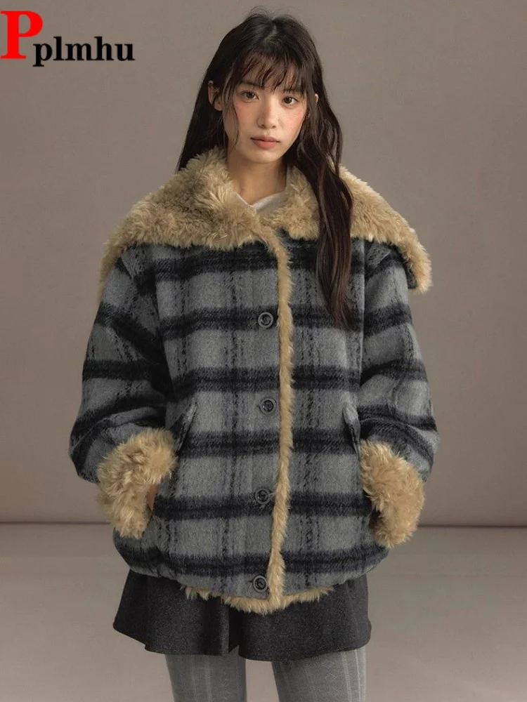 

Thickened Plush Warm Plaid Jackets Baggy Hooded Fur Collar New Chaquetas Fashion Single Breasted Button Loose Tops Jaquetas